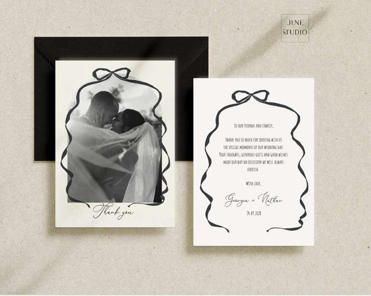 hand drawn bow wedding photo thank you card template
