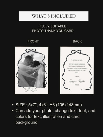 french vintage inspired elegant editable bow wedding photo thank you card template