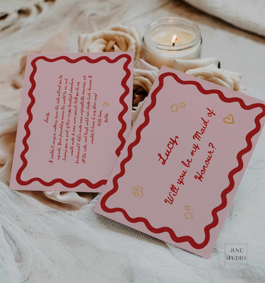 Wavy Pink Red Bridesmaid Proposal Cards Digital Template