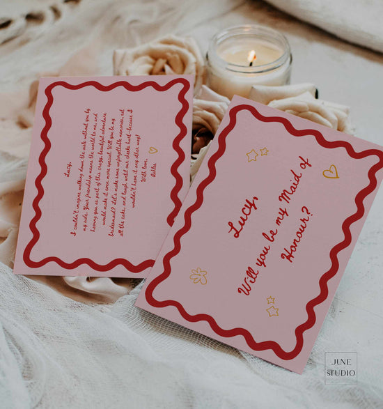 Wavy Pink Red Bridesmaid Proposal Cards Digital Template