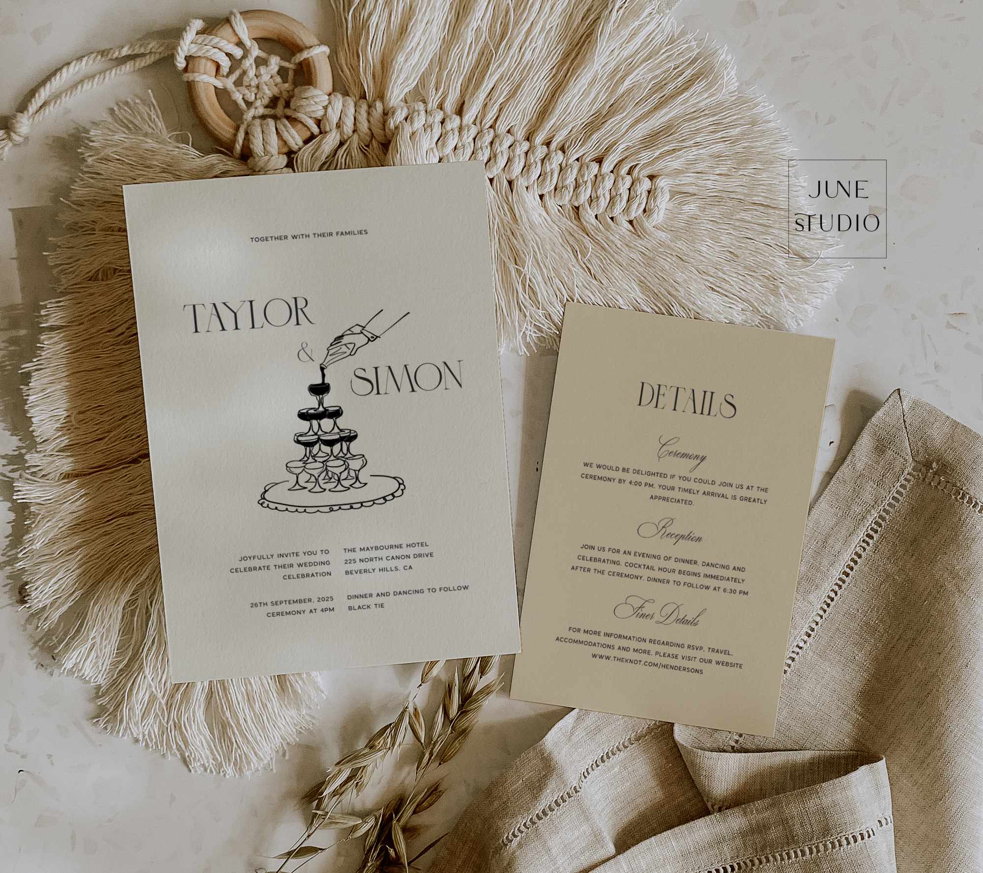 hand drawn champange tower old money wedding invitation set digital template, modern vintage inspired wedding invite set, qr code rsvp, editable template, elegant minimalist, modern illustrated wedding invitation suite, 90's aesthetic
