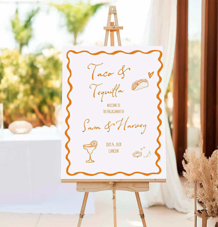 hand drawn fiesta theme welcome sign with orange text on white foam board near the restautent door