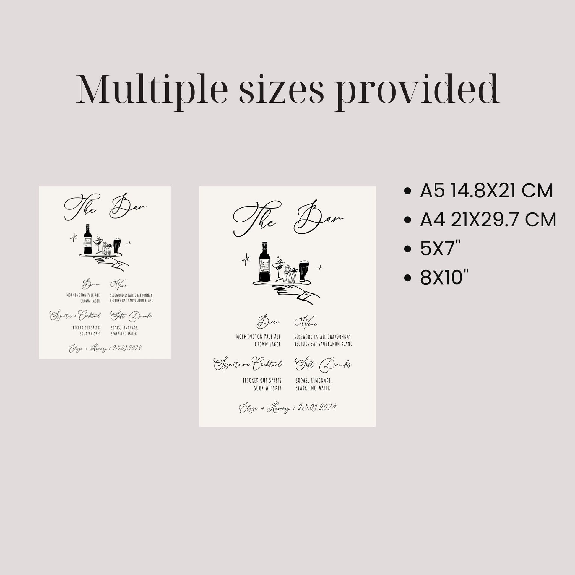 hand drawn wedding bar sign, modern french inspired, hand written bar sign digital template, editable, customizable bar sign, funky bar drinks illustration bar menu editable template