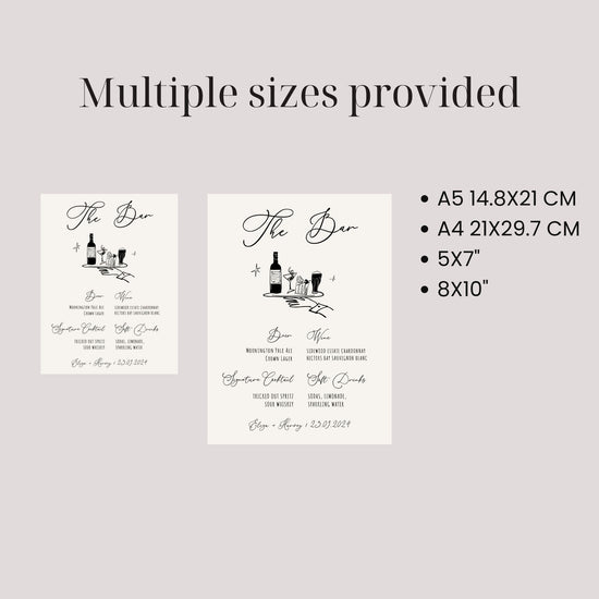 hand drawn wedding bar sign, modern french inspired, hand written bar sign digital template, editable, customizable bar sign, funky bar drinks illustration bar menu editable template
