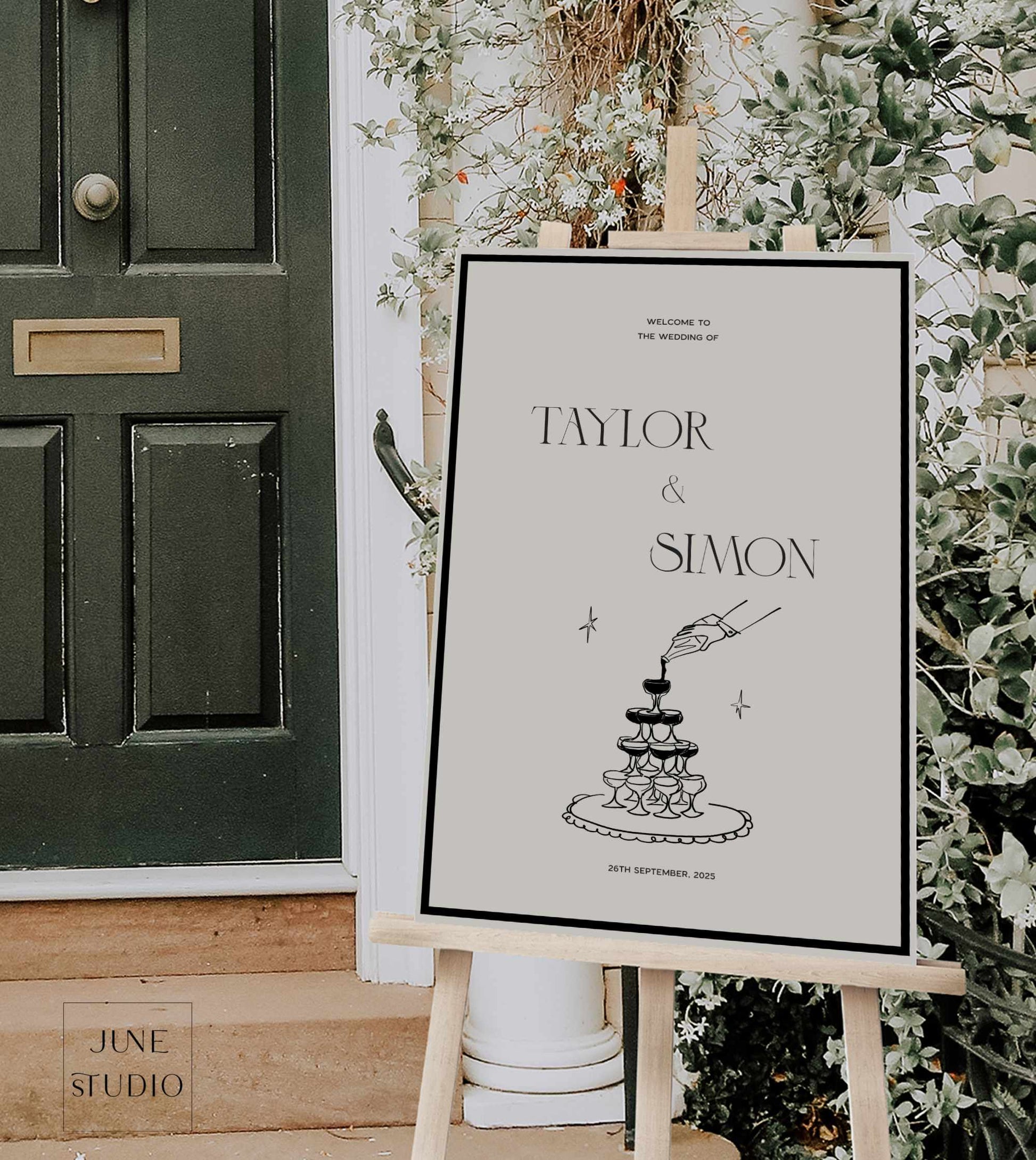 champagne tower illustated wedding welcome sign, modern vintage inspired, 90's aesthetic, digital template, editable hand drawn champagne tower welcome sign, bespoke trendy