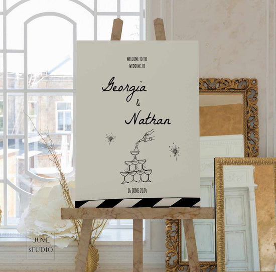 whimsical Hand-written Champagne Tower Wedding Welcome Sign digital Template