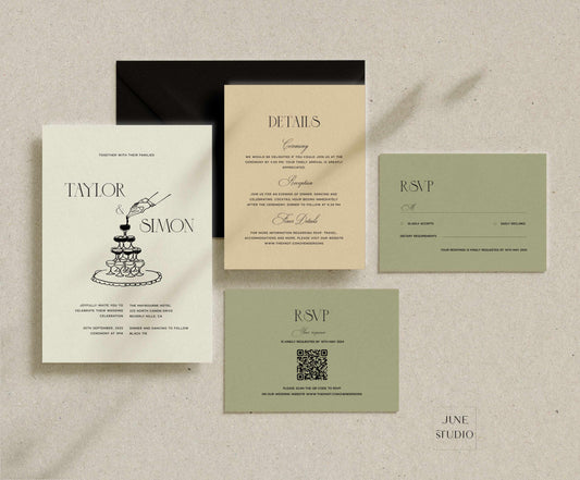hand-drawn champagne tower old money wedding invitation suite digital templates, modern vintage inspired wedding invite set, QR code rsvp card details card and response card with dietary requirement