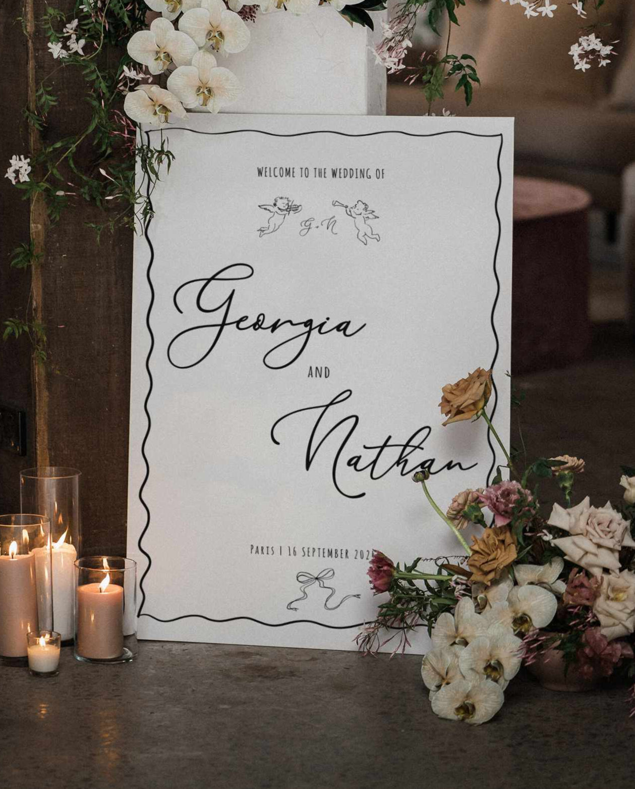 wavy hand drawn wedding welcome sign template, french vintage inspired cherub and bow illustration