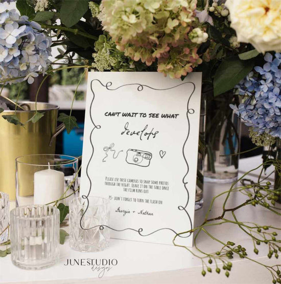 customizable hand drawn disposable camera wedding sign digital template with cute hand drawn camera illustration and bow