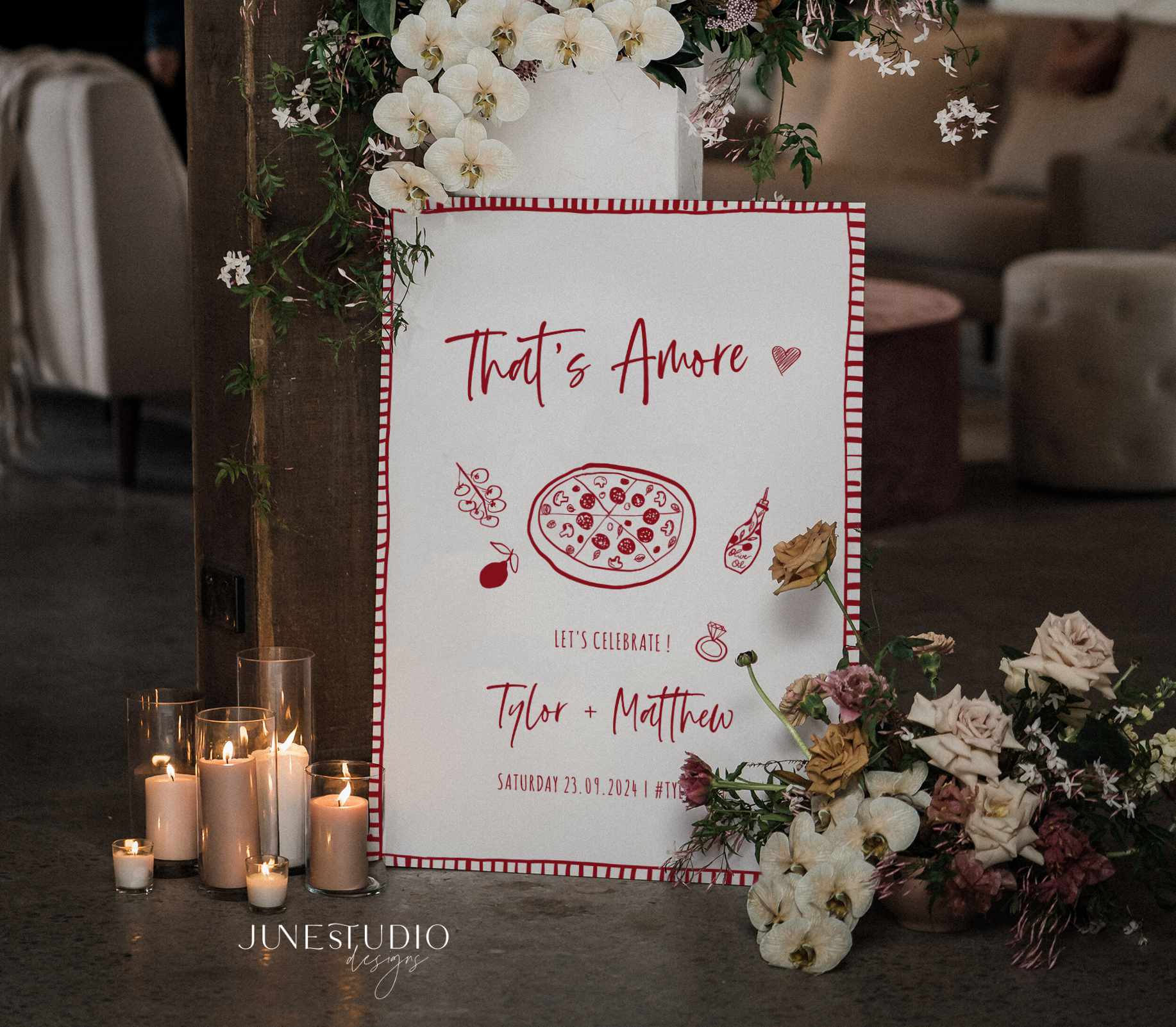hand drawn that's amore pizza engagement welcome sign digital template