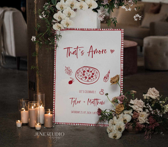 hand drawn that's amore pizza engagement welcome sign digital template