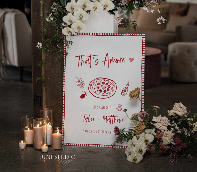 hand drawn that's amore pizza engagement welcome sign digital template