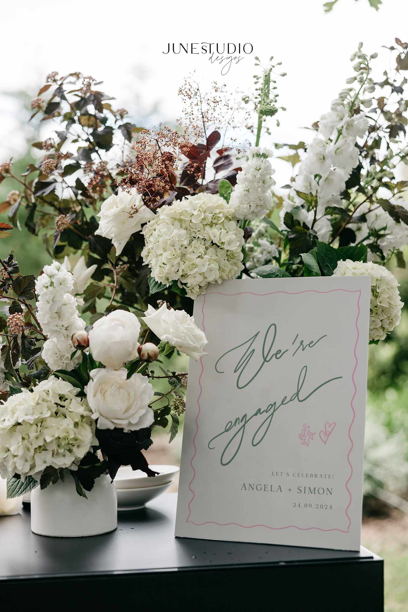 wavy Hand-lettered Engagement Welcome Sign digital Template with hand drawn cupid and hearts