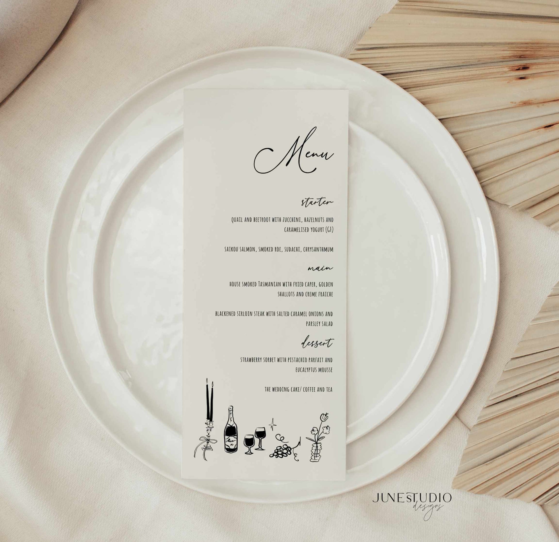 Whimsical Hand drawn vintage glam Wedding Menu Card printable Template