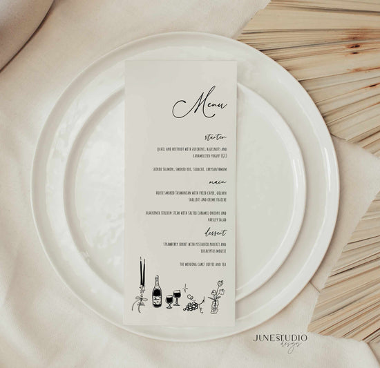 Whimsical Hand drawn vintage glam Wedding Menu Card printable Template