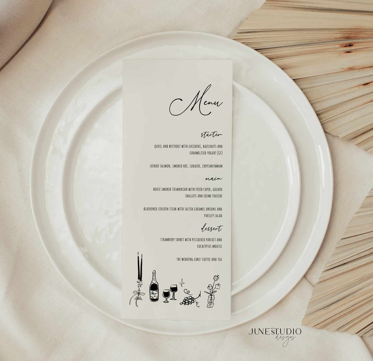 Whimsical Hand drawn vintage glam Wedding Menu Card printable Template