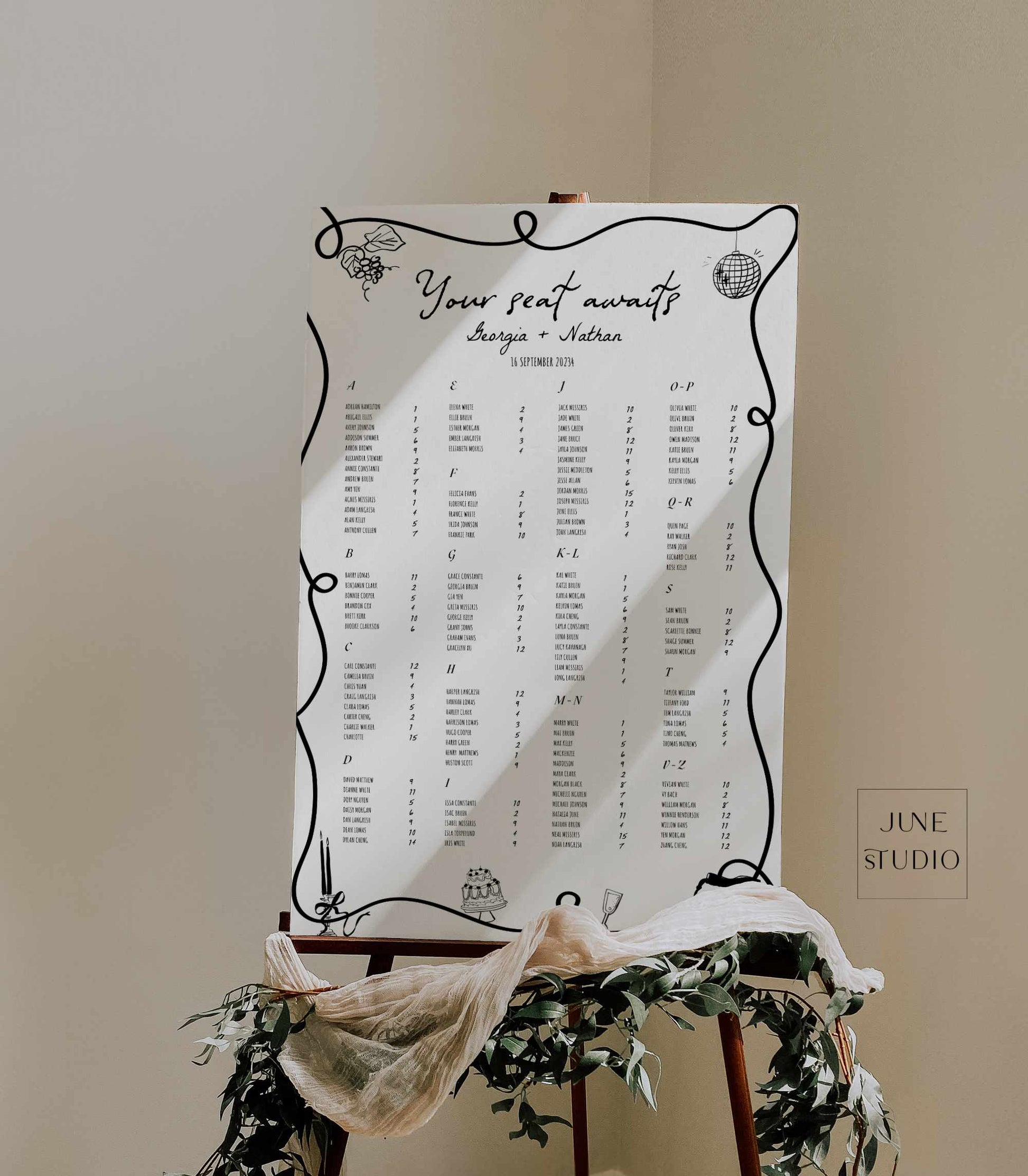 hand drawn wedding seating chart illustrated with hand written font and hand drawn illustration digital template, editable template printable, bespoke reception wedding signage, wedding tables arrangement, alphabetical seating poster