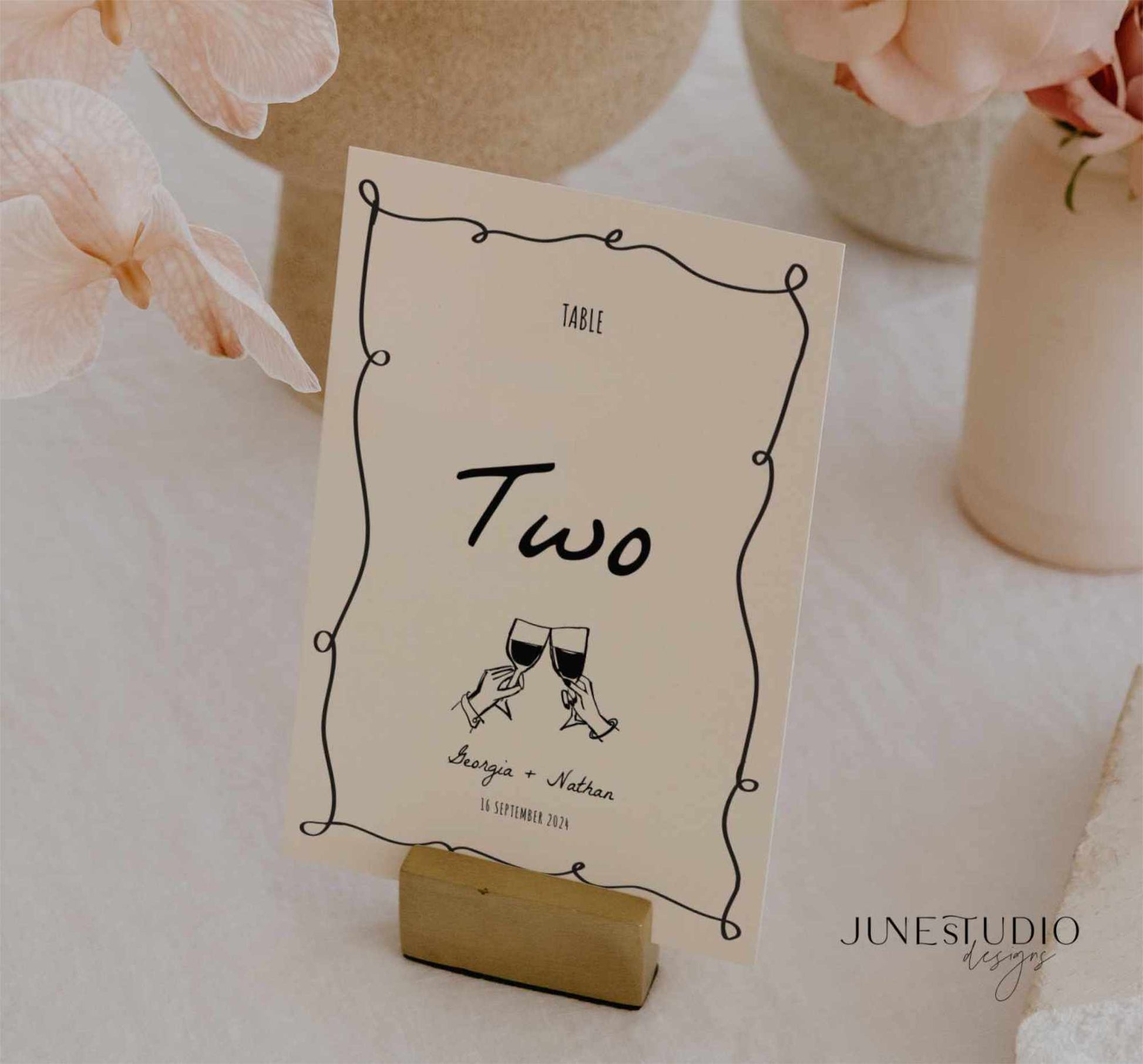 customizable Hand drawn squiggly wedding Table Number digital template