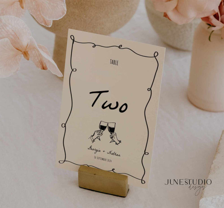 customizable Hand drawn squiggly wedding Table Number digital template