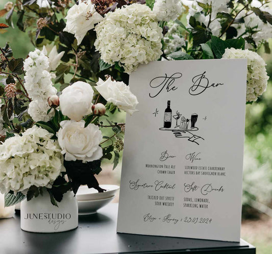 hand drawn wedding bar sign, modern french inspired, hand written bar sign digital template, editable, customizable bar sign, funky bar drinks illustration bar menu editable template
