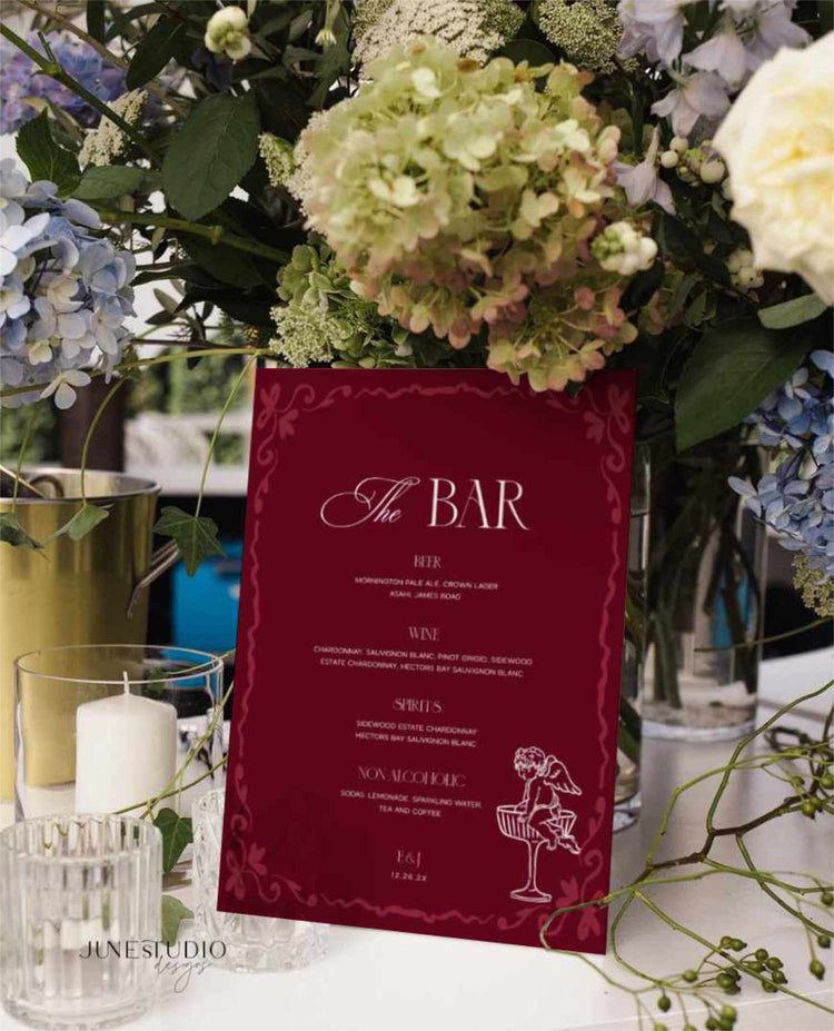 Burgundy Wedding Bar Menu Illustrated Sign Template