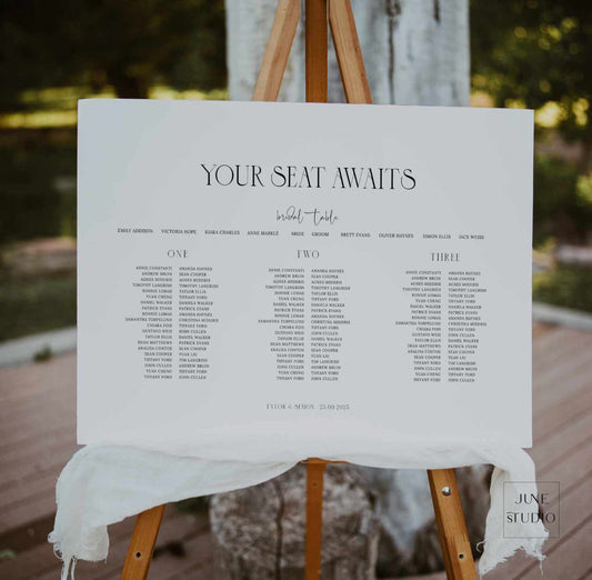 minimalist chic wedding seating chart sign with 3 long tables signage digital template