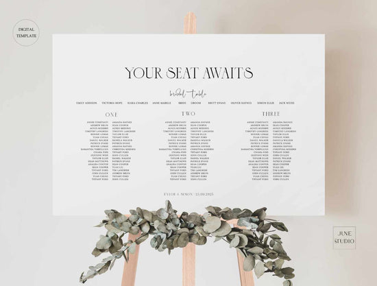 modern chic wedding seating chart sign with 3 long tables signage digital template