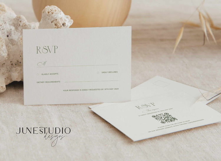 formal sage wedding response card with Qr code digital template