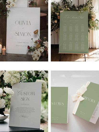 Collage of wedding stationery items including wedding welcome sign seating chart signs and vow books templates