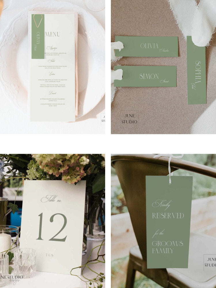Collection of green and white wedding stationery items with long menu card and thin place card set table number and reserved chair tag templates