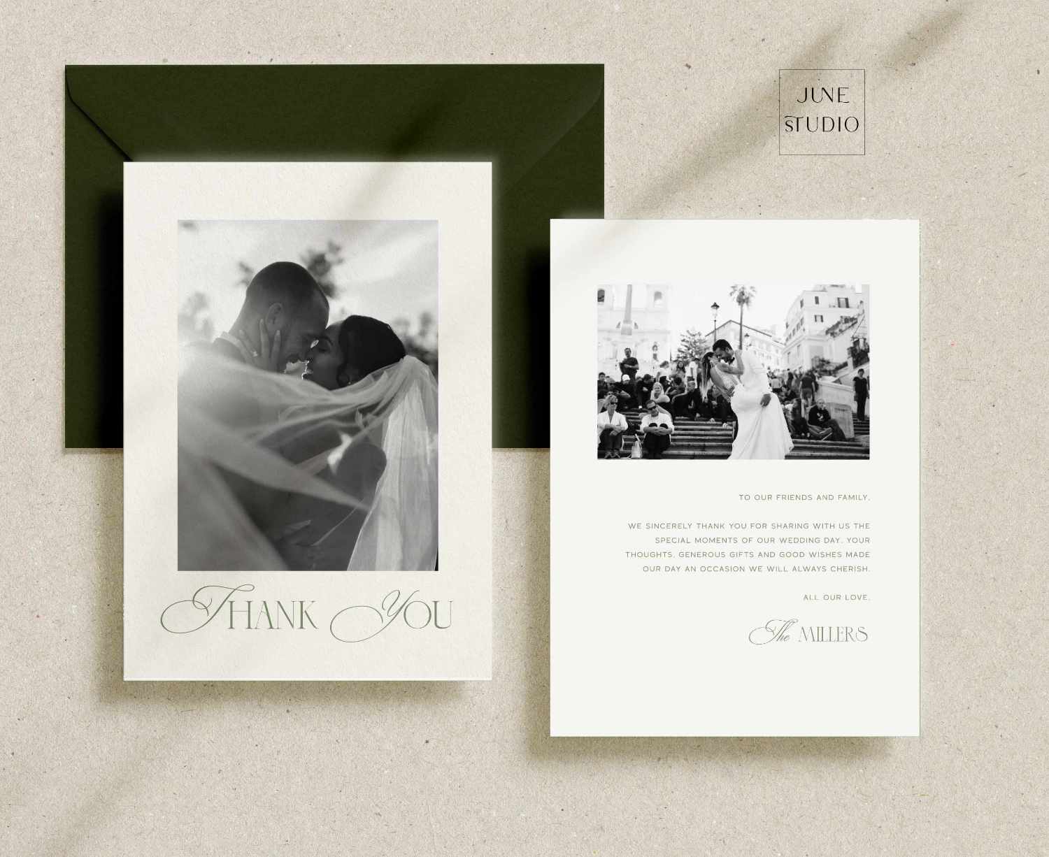 Modern Wedding Photo Thank you card editable template. This design is double-sided, one for couple photo and other for personalised thank you messages from the newlyweds with a small space for second photo at the top.