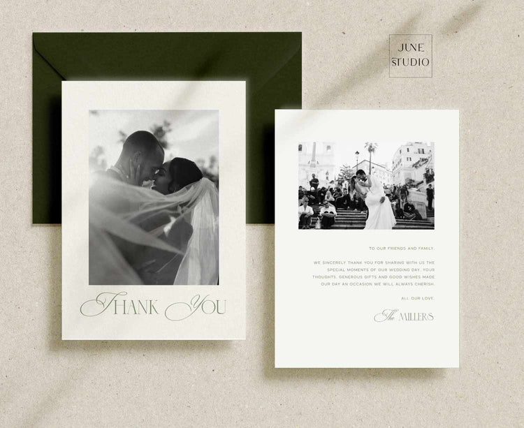 Modern Wedding Photo Thank you card editable template. This design is double-sided, one for couple photo and other for personalised thank you messages from the newlyweds with a small space for second photo at the top.