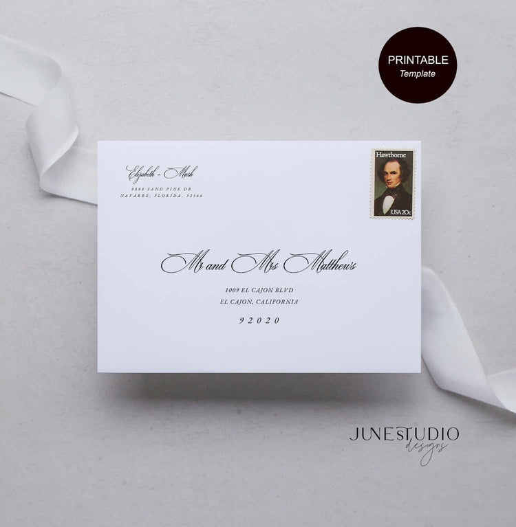 wedding envelope witg guest address and couple address on the top left of the envelope. texts are in black