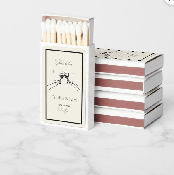 Old Money Matchbox Label Template | Customizable | Hand drawn Clinking Glasses