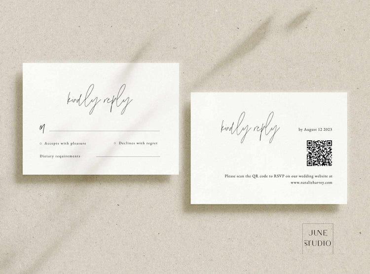 modern_minimalist_wedding_RSVp card with return address with meal choice and the second card has qr code for online rsvp