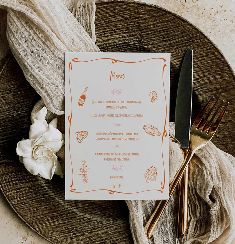 hand drawn menu template with food sketch illustration and modern script typography in orange on a white background