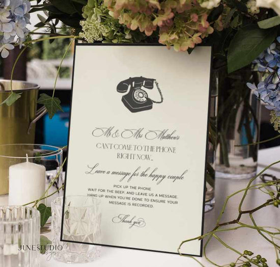 Wedding audio guestbook sign template with vintage phone illustration surrounded by flowers and candles
