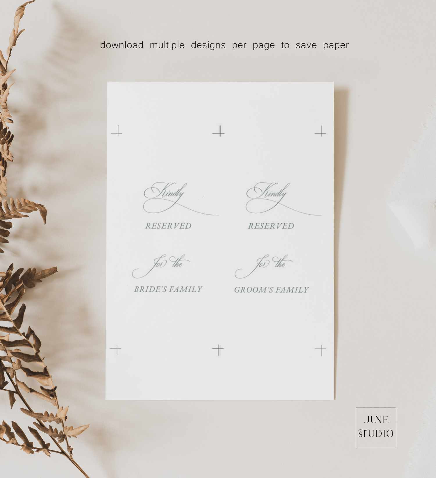 Reserved seating chart for a wedding with decorative elements on a light background, featuring 2 tags on a A4 or US letter card stock with cut lines
