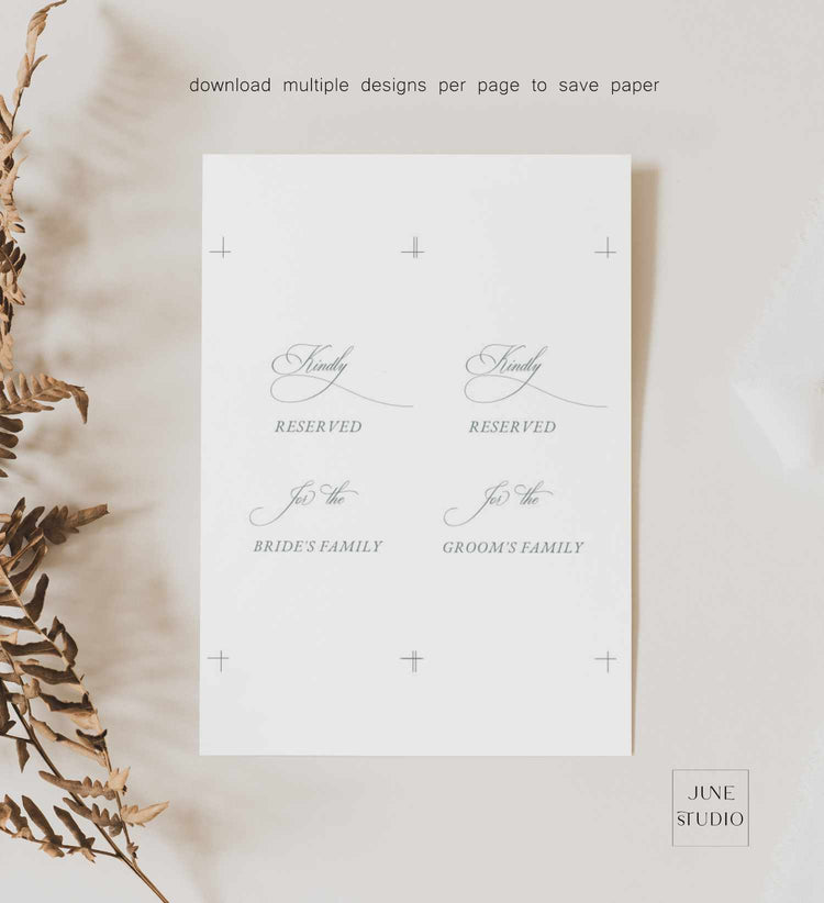 Reserved seating chart for a wedding with decorative elements on a light background, featuring 2 tags on a A4 or US letter card stock with cut lines