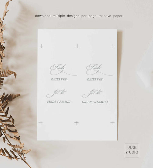 Reserved seating chart for a wedding with decorative elements on a light background, featuring 2 tags on a A4 or US letter card stock with cut lines