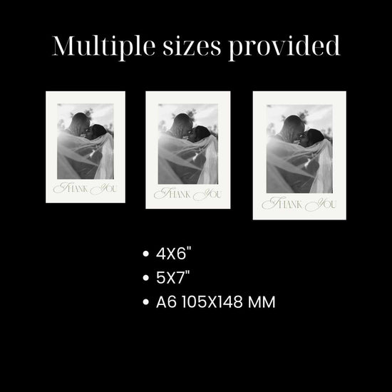Black background with white text reading 'Multiple sizes provided' and three sample portrait photo prints shown side by side, labeled 4x6 inches, 5x7 inches, and A6 105x148 mm.