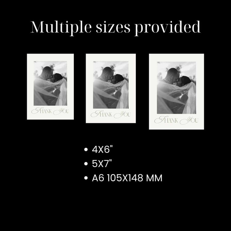 Black background with white text reading 'Multiple sizes provided' and three sample portrait photo prints shown side by side, labeled 4x6 inches, 5x7 inches, and A6 105x148 mm.