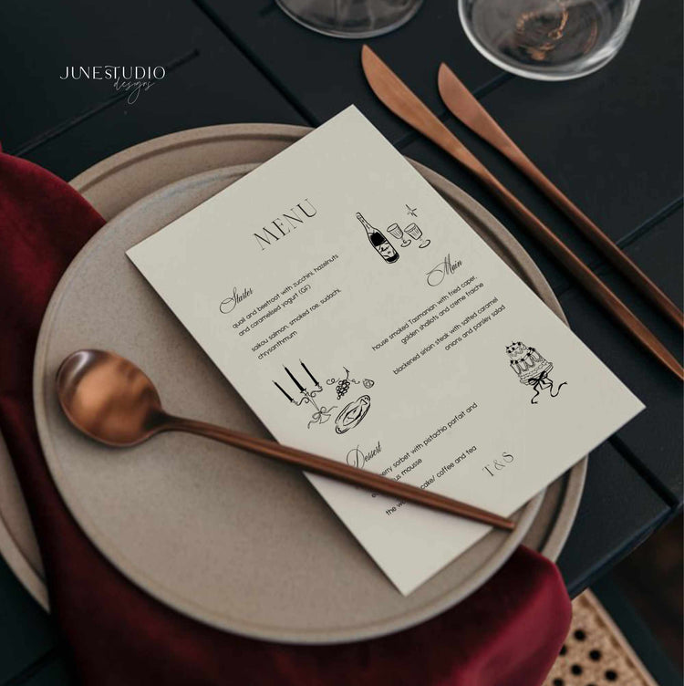 old money illustrated wedding menu card template june studio designs