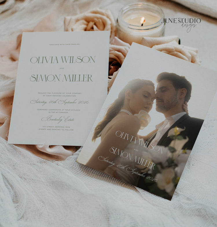 old money sage green wedding invitation with picture digital template