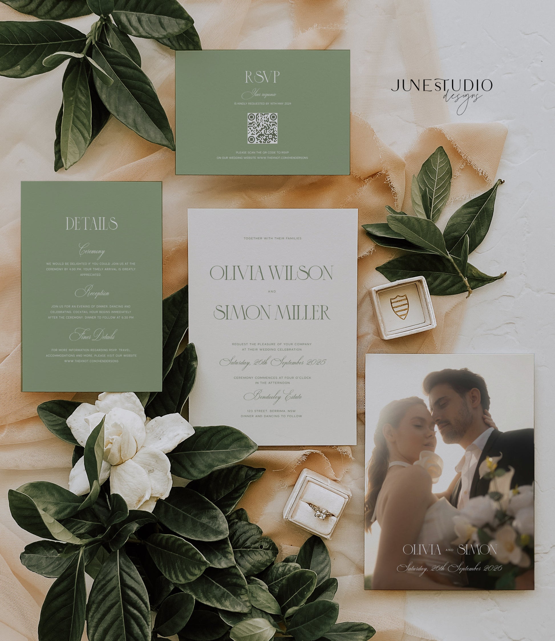 old money sage green wedding invitation suite with photo and QR code Rsvp digital templates