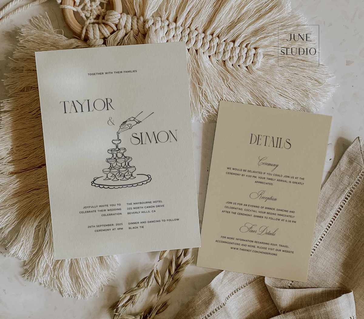 old money vintage champagne tower illustrated wedding invite digital template 