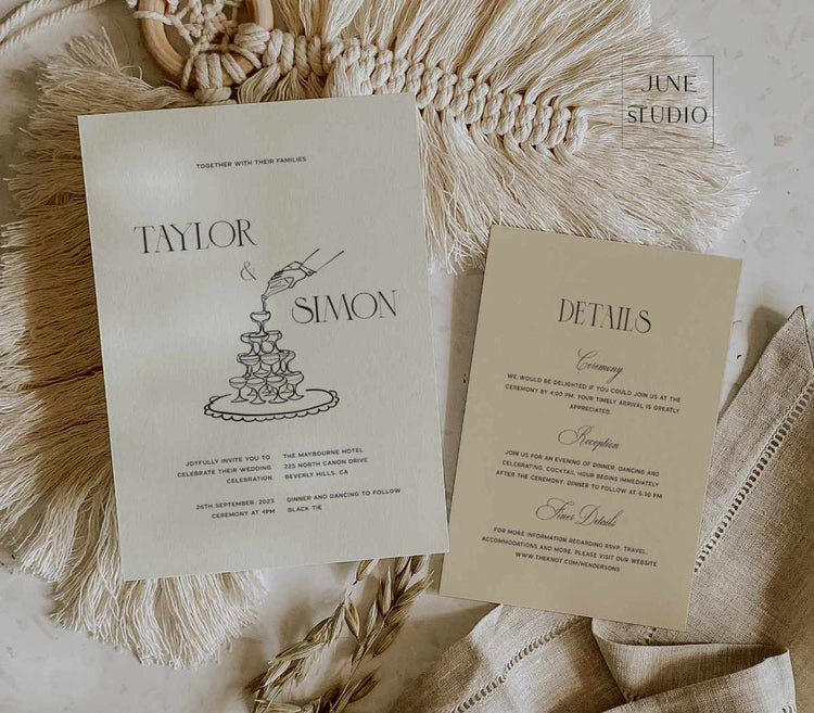 old money vintage champagne tower illustrated wedding invite digital template 