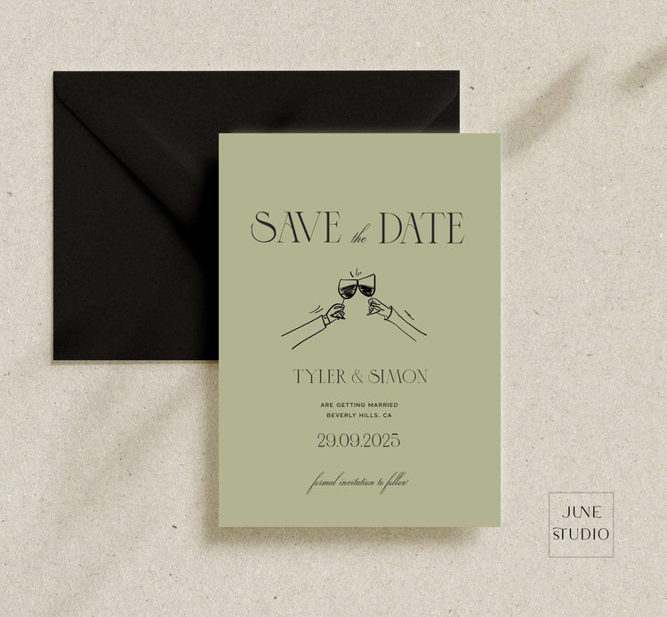 toast illustrated wedding save the date invitation card template, editable digital template, hand drawn cheers save date invite, old money vintage inspired wedding , 90's aesthetic