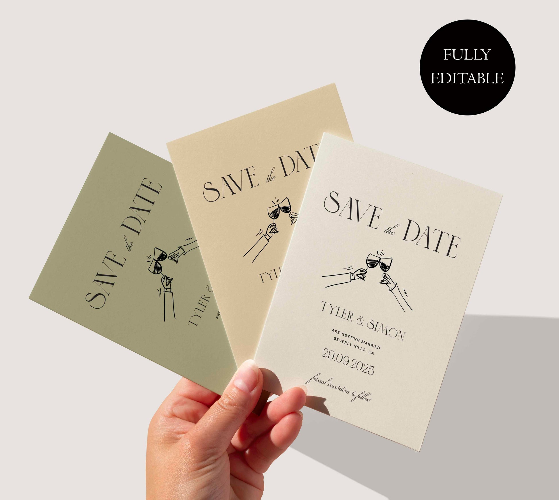 toast illustrated wedding save the date invitation card template, editable digital template, hand drawn cheers save date invite, old money vintage inspired wedding , 90's aesthetic