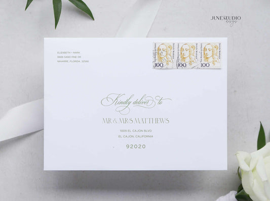 Envelopes with personalized addressings and postage stamps on a light gray background.